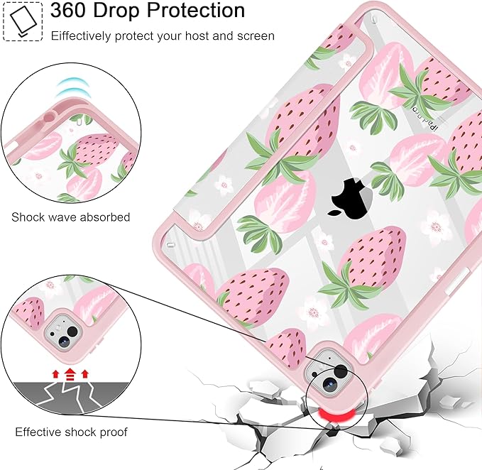 May Chen Case for iPad Pro 11-Inch M5/M4 2025/2024 (6th/5th Generation) [Penceil Holder] Trifold Stand Auto Wake/Sleep Clear TPU Protection Back Cover Strawberries