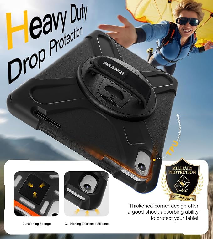 BRAECN for iPad (A16) 11th/10th Generation case 11/10.9 inch 2025/2022 Heavy Duty Shockproof Protective with Pencil Holder Screen Protector 360°Rotating Stand Handle &amp Shoulder Strap Full Body Cov