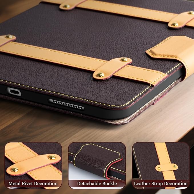 iPad Case for iPad Pro 13 Inch (M5/M4) 2025/2024Leather Folio Cover with Pencil HolderAuto Wake/Sleep Adjustable StandDetachable Magnetic Closure Protection Case-Multiple Straps Dark Brown