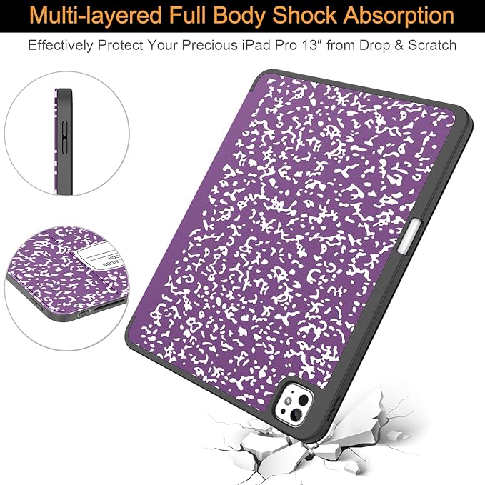 Soke Case for New iPad Pro 13 Inch (M5/M4 2025/2024 Release) with Pencil Holder Trifold Stand Shockproof [Support Apple Pencil Charging + Auto Wake/Sleep] Soft TPU Back Cover Book Violet