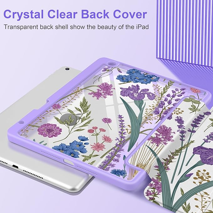 DONGKE for iPad 9th/8th/7th Generation Case 10.2 Inch (2021/2020/2019) [Auto Sleep/Wake &amp Pencil Holder] Clear Acrylic Back Trifold Stand Cover Purple Botanical Wildflower