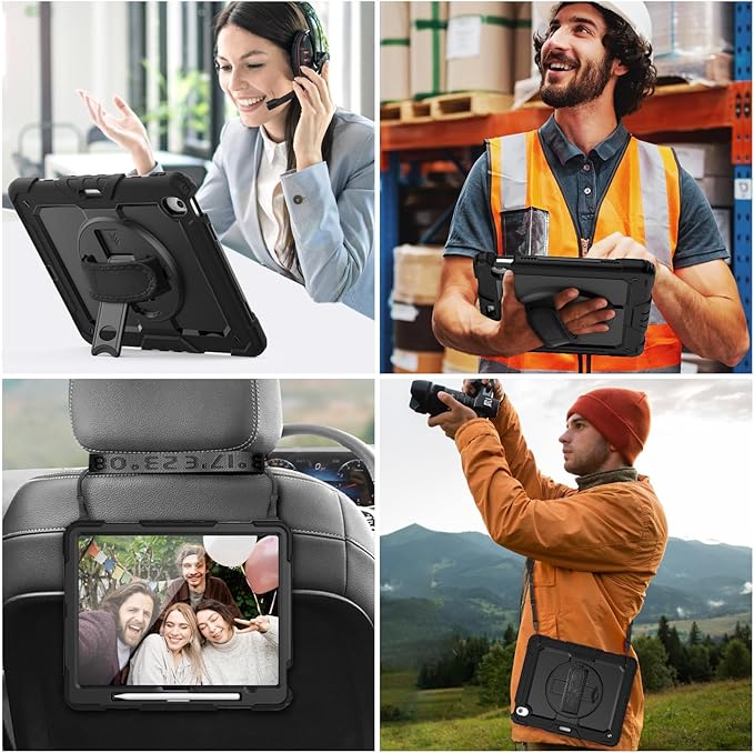 BLOSOMEET Protective Case for iPad Air 13 Inch M3 2025 &amp M2 2024 with Tempered Glass Screen Protector &amp Pencil HolderRugged Construction iPad Air 13 Cover with Stand Hand Shoulder Strap (Blac