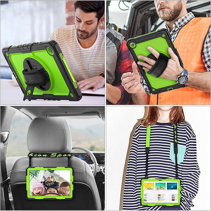 SEYMAC stock Case for Samsung Galaxy Tab A8 10.5'' Full-Body Drop Protection Case with Screen Protector Pencil Holder [360° Rotating Hand Strap] &ampStand Green+Black