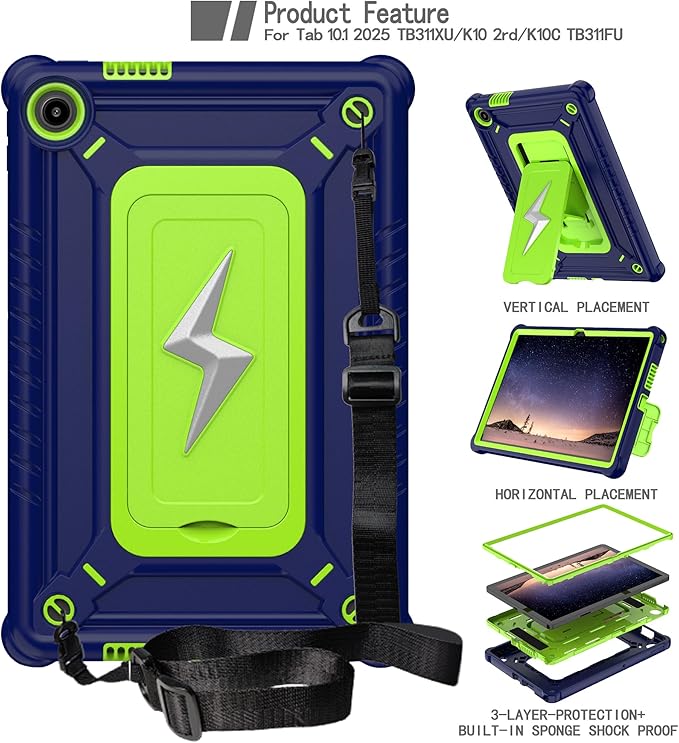 Case for Lenovo Tab 10.1 inch 2025 Released (TB311FU) - Hybrid Protective Case Cover with Kickstand Lightning Design (Navy Blue/Green)