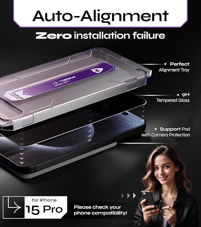 Defenslim for iPhone 15 Pro Privacy Screen Protector (2Pack) Easy Auto-Dust &amp Align Install Kit 6.1 Tempered Glass 9H Hardness Privacy Protection Case Friendly SpyShield