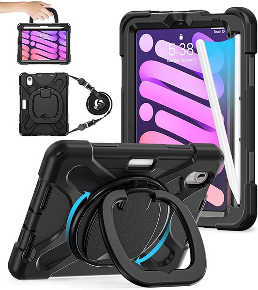 BATYUE Case for iPad mini 7 A17 Pro 2024/iPad Mini 6 2021 8.3 Inch with Pencil Holder 360 Rotating Stand Shoulder Strap Handle Grip Shockproof Rugged Case for iPad mini 7th/6th Gen Black