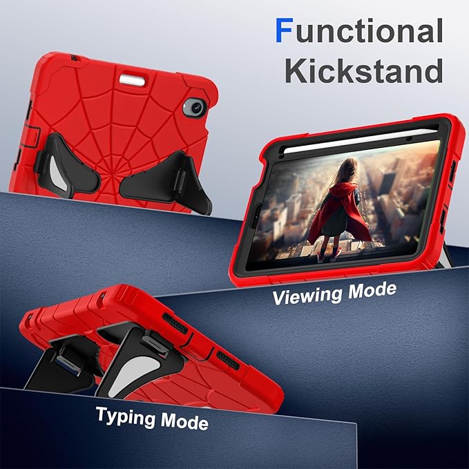 Kids Case for iPad mini 7 A17 Pro 2024/ Mini 6 8.3 inch Spider Case for iPad mini 7th 6th Generation Shockproof Durable Full Protective Cover with Pencil Holder Kickstand (Red+Black)