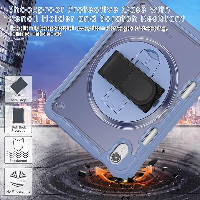 BRAECNstock Case for iPad mini 7 (A17 pro) 2024 &amp Mini 6 2021 8.3-inchShockproof Protective Cover with Pencil HolderScreen Protector360° Rotating Hand Strap/Stand- Lavender Grey