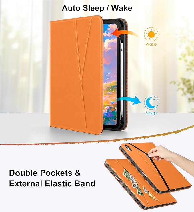 DTTO for iPad A16 Case iPad 11th / 10th Generation Case (2025/2022) 360 Degree Rotating Premium Leather Folio Stand Cover with Pencil Holder New Orange