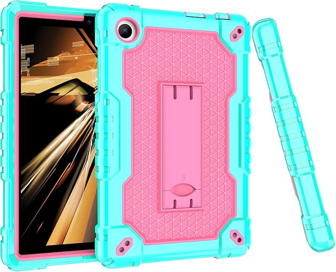 for TCL Tab 8 V/TCL AT&ampT Tab 8 SE (6048E) Tablet Case with Screen ProtectorSoft Silicone Rubber Heavy Duty Hybrid Had Back Shell Protection Build in Kickstand (Green/Pink/2 PCS)