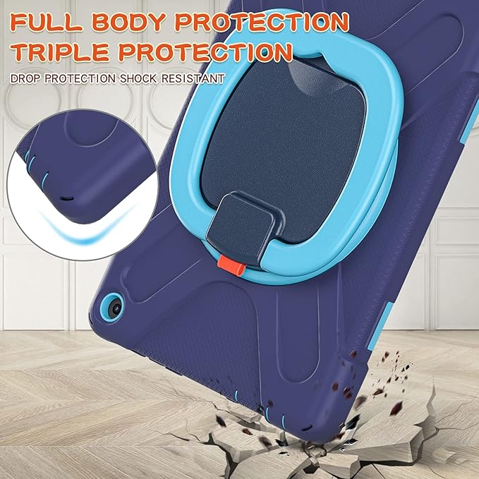 360 ° Rotation Portable Case for Fire HD 10 2023 10.1 inch Tablet Rugged Case Rotating Stand Hand Strap Shoulder Carrying Strap Outdoor CoverNavy+Blue