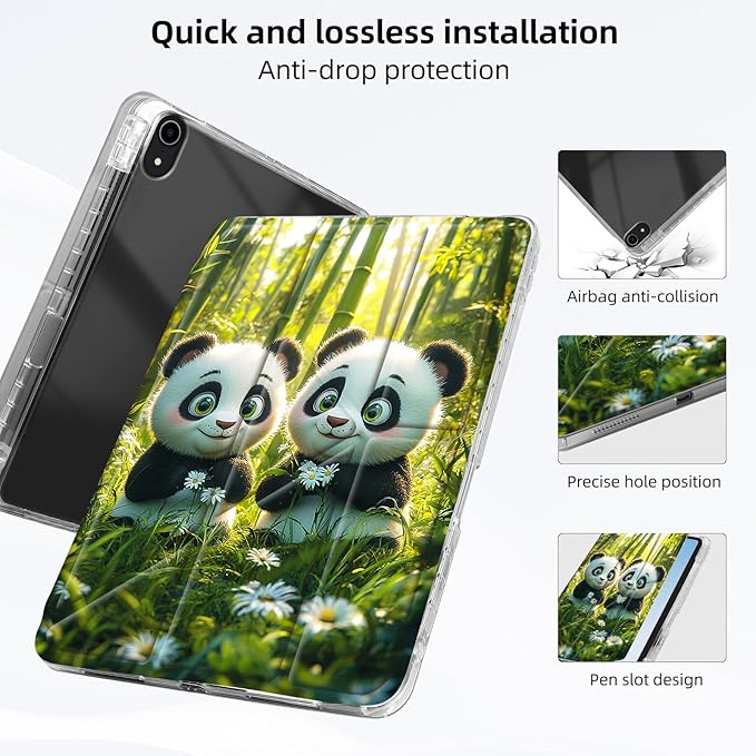 for iPad A16 (11th Generation) Case with Pencil Holder Foldable Y-Shaped Protective Cover Stylish Clear Multi-Angle Viewing &amp Auto Sleep/Wake Panda Cubs Bamboo Forest Tablet Case