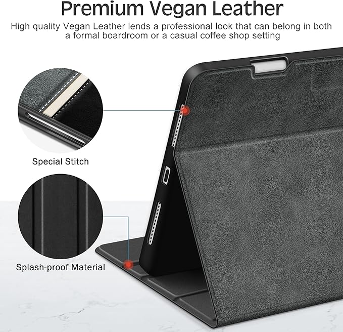 KingBlanc Case for iPad Pro 11 inch (M5 2025/M4 2024) with Pencil Holder Vegan Leather Smart Stand Cover Auto Sleep Wake Support Pencil Pro/(USB-C) Viewing/Typing Angle Durable Protection Black