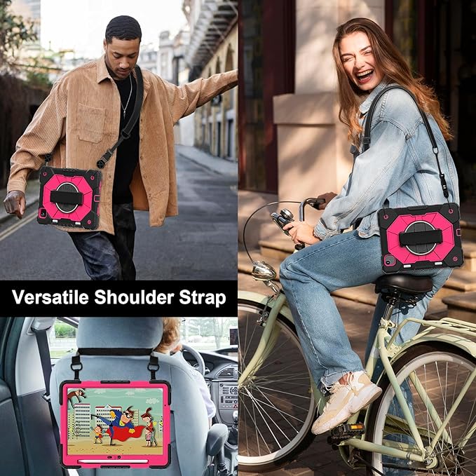 Tablet case for iPad Air 11 inch M2 2024 Tablet case for iPad Air 6th Generation(A2902 A2903 A2904) Hand Strap Shockproof Protective with 360° Rotate Kickstand Shoulder Black/Rose Red