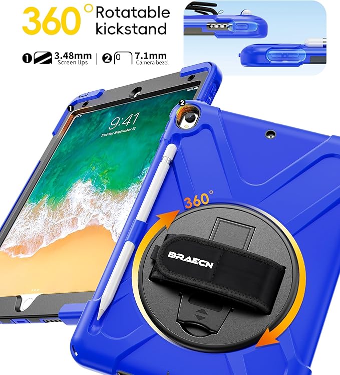 BRAECN Case for iPad Air 3rd Generation 2019 / iPad Pro 10.5 inch 2017 Rugged Heavy Duty Shockproof Cover with Pencil Holder 360° Rotating Kickstand &amp Adjustable Hand Strap &amp Shoulder Strap