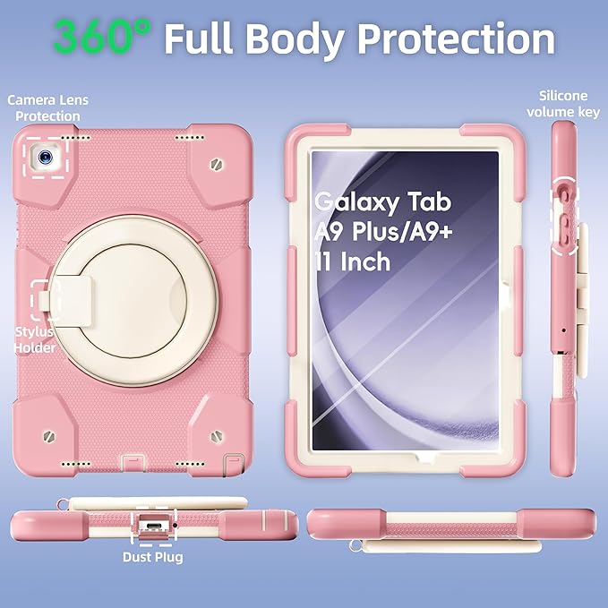 Case for Samsung Galaxy Tab A9+/A9 Plus Case 11 Inch with Screen Protector/360° Rotating Stand/Pen Holder/Shoulder Strap Shockproof Cover for Tablet A9+ 5g (Pink)