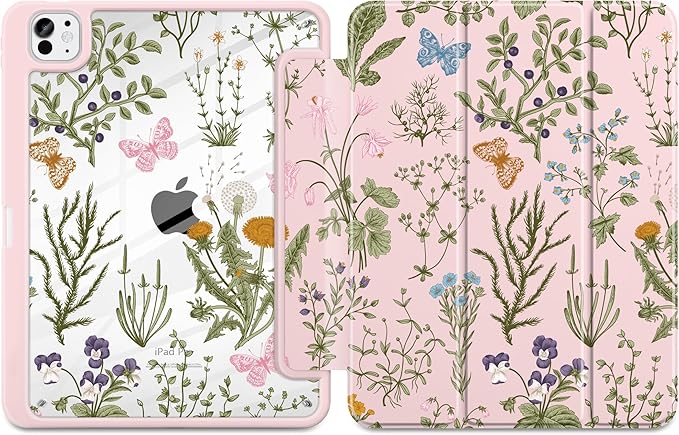 DONGKE for iPad Pro 11-Inch Case (M5 2025 / M4 2024) 6th/5th Generation [Auto Sleep/Wake &amp Pencil Pro Holder] Clear Acrylic Back Smart Trifold Stand Cover Wildflower &amp Butterfly
