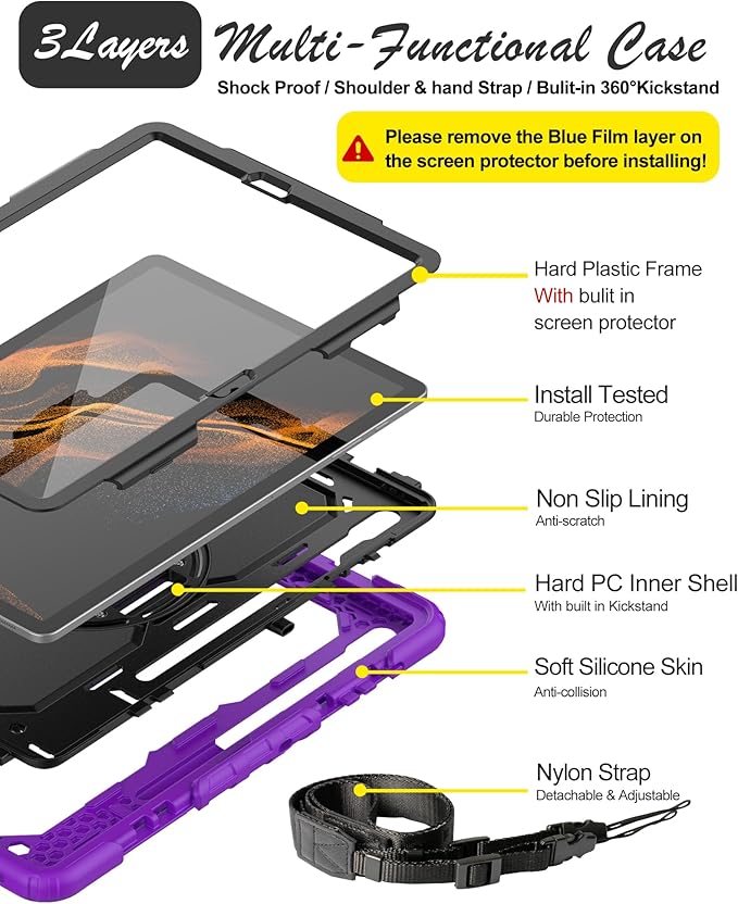 Tablet Case for Samsung Galaxy Tab S8 Plus/S7 FE/S7 Plus 12.4 [Shockproof] with Tempered Glass Screen Protector Rotating Kickstand/Hand &amp Shoulder Strap/S Pen Holder (Purple)
