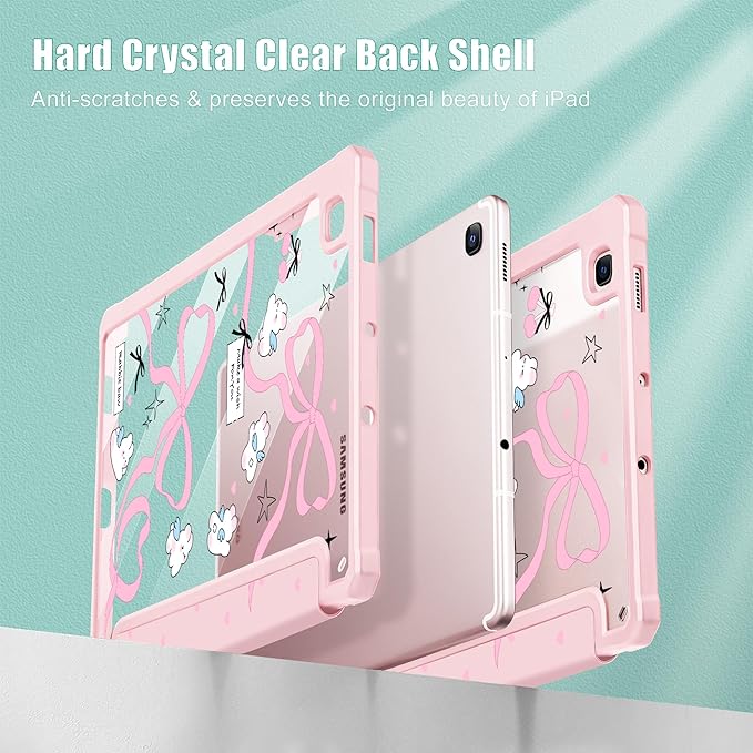 Mektron Case for Samsung Galaxy Tab S6 Lite 10.4 Inch 2024/2022/2020 with S Pen Holder Multi-Angle Viewing with Shockproof Cover Clear Shell + Trifold Stand + Auto Wake/Sleep Pink Bows-Rabbits