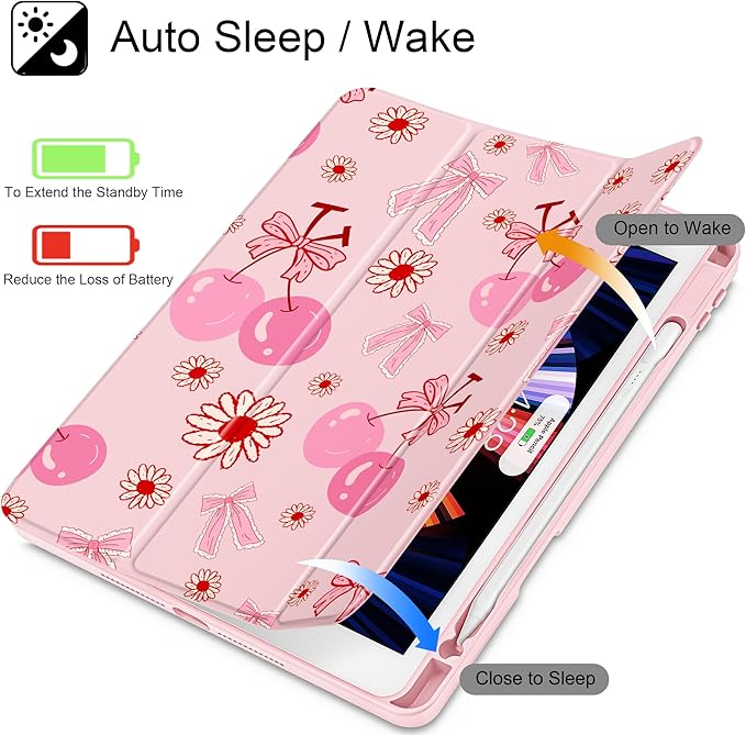 for iPad 9th Generation with Pencil Holder iPad 8th/7th Gen Case 10.2-inch [Built in Pencil Holder] Trifold Stand Auto Wake/Sleep Clear TPU Protection Back Cover Cherry Bow P705