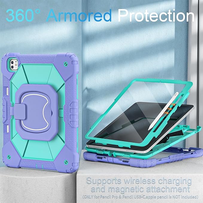WESOROL for iPad Pro 13 Inch Case M5 2025/M4 2024 (7th Gen) with Screen Protector/360° Rotating Stand/Pencil Holder/Shoulder StrapMilitary Grade Shockproof iPad Case 13 Inch Pro M5/M4Purple Green