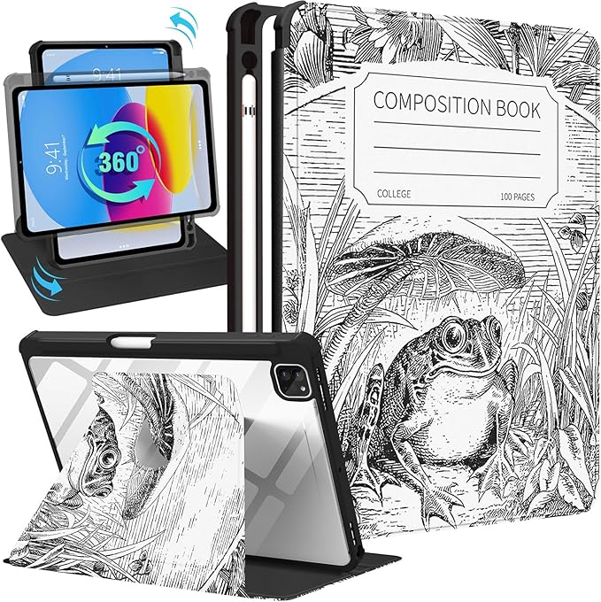 for iPad Air 11 inch Case Air 5th/4th Generation 10.9 Pro 11'' Case Women Girls for Apple Pencil Holder Cute Frog Rotating Folio Cover for iPad Air 11 2024 (M2) 10.9 2022 2020 Pro 11