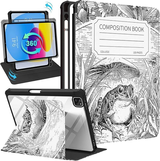 for iPad Air 11 inch Case Air 5th/4th Generation 10.9 Pro 11'' Case Women Girls for Apple Pencil Holder Cute Frog Rotating Folio Cover for iPad Air 11 2024 (M2) 10.9 2022 2020 Pro 11