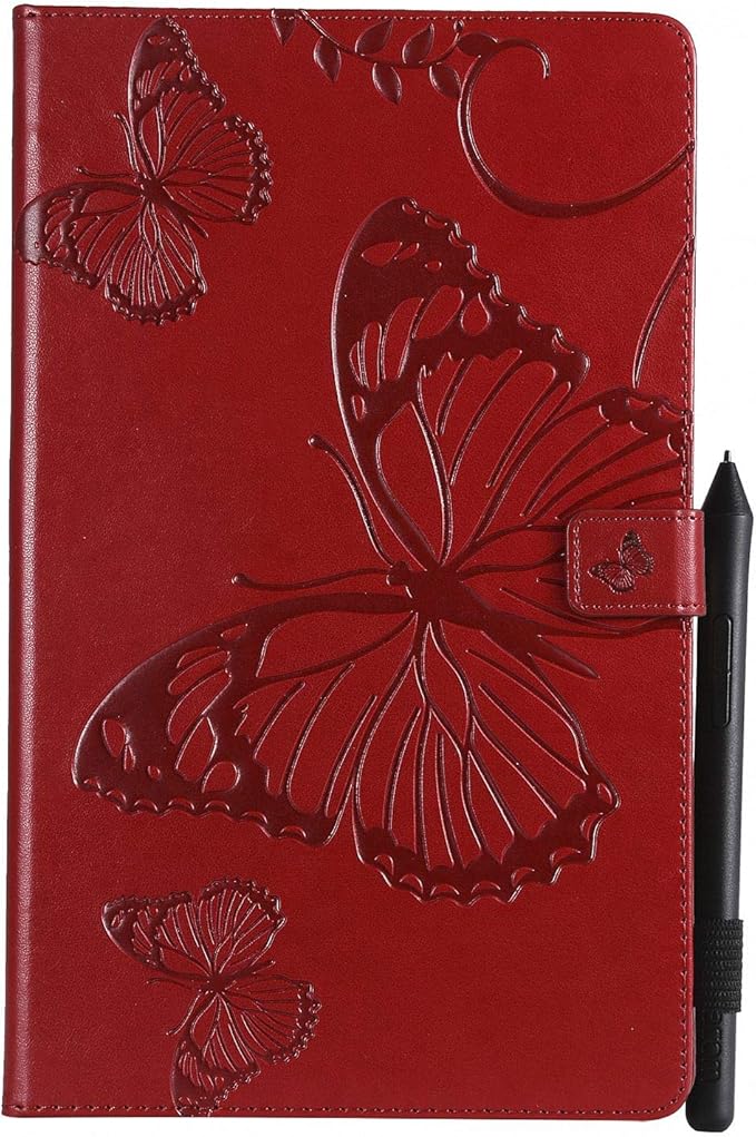 Kindle Fire HD 10 Tablet 2019/2017 Case 9th/7th Generation 10.1 with Pencil Holder Pockets [Auto Sleep/Wake] Folio Stand Embossed PU Leather Magnetic Smart Wallet TPU Cover Red Butterfly
