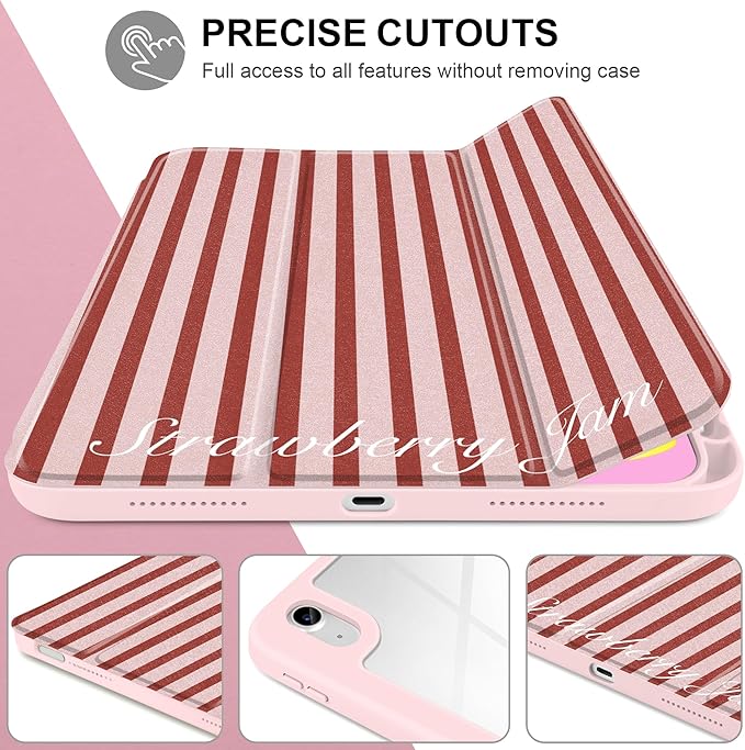 Case for iPad (A16) 11th Generation 11 inch 2025 /iPad 10th Gen 10.9 2022 -Premium Shimmering Silk Texture Trifold Cover with Clear Back Luxury Coquette Aesthetic Protective Skin Red Striped