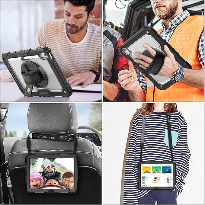 SEYMAC stock Case for iPad (A16) 11th/10th Generation 11''/10.9'' 2025/2022 Full-Body Drop Protection Case with Screen Protector &amp360° Rotate Hand Strap/Stand Transparent+Black