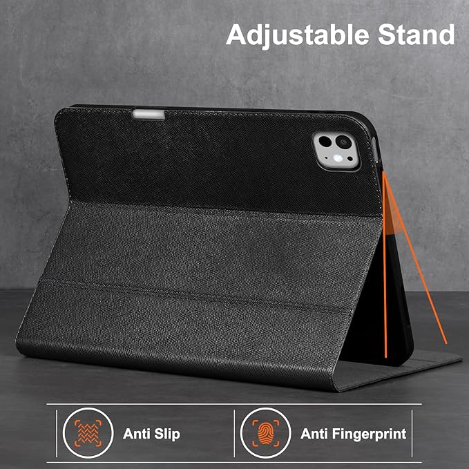 Gexmil Genuine Leather Case for iPad Pro 11 Inch (M5/M4) 2025/2024 with Pencil HolderProtective Shockproof Leather Smart Folio Cover Adjustable Stand Auto Sleep/Wake Anti-SlipCross-Hatched Black