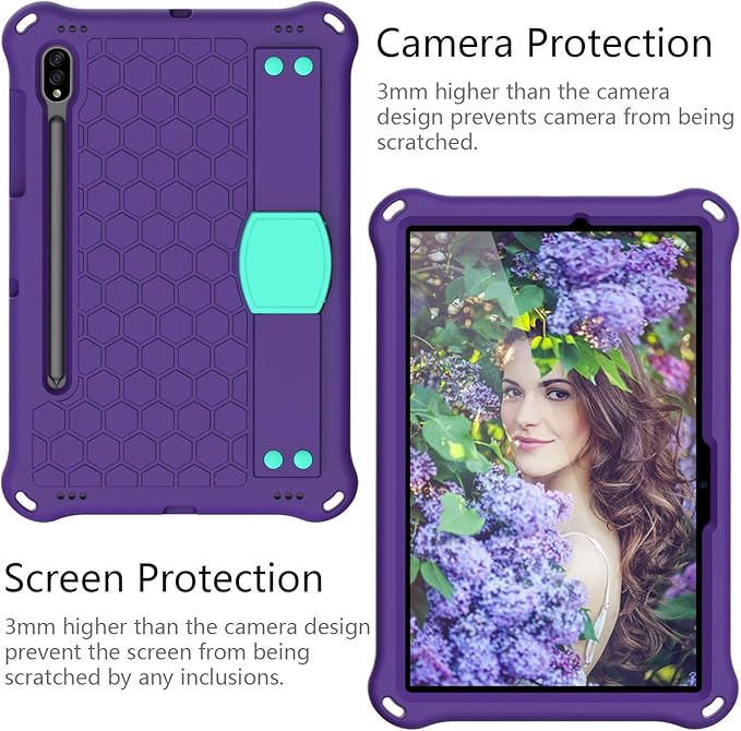 Bumper Case for Samsung Galaxy Tab S9 FE/S9/S8/S7 11 Techcircle Shockproof [Elastic Hand Strap] Stand EVA Foam Protective Case w/Shoulder Strap Kids Cover for Tab S7/S8/S9 SM-T870/X700 Purple+Green