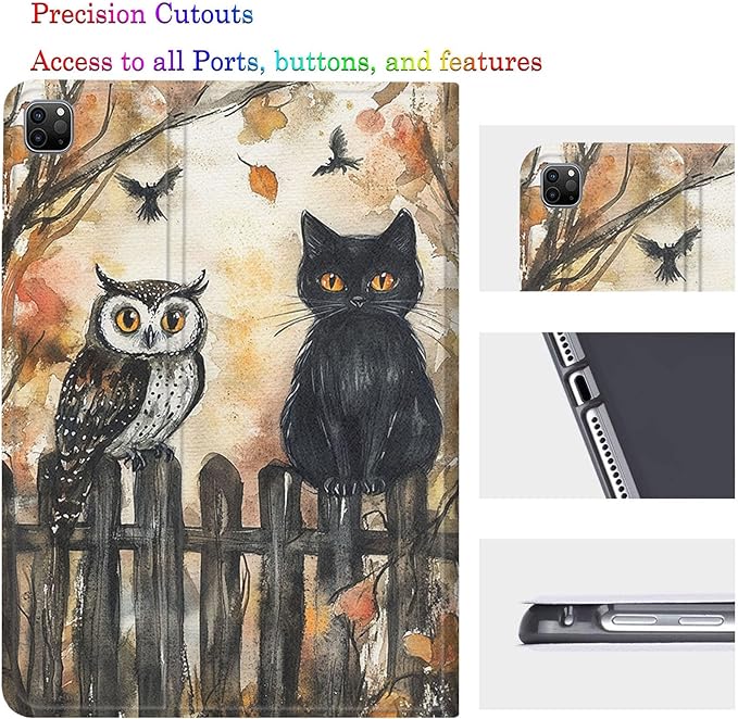 Case for Samsung Galaxy Tab A11/A9 8.7-Inch 2025/2023Adjustable Stand Auto Wake/Sleep Function Full Body Protection Cover - Black Cat Owl Halloween