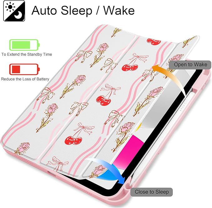 Case for iPad 11 inch A16 2025 Generation 11th / iPad 10.9 inch 2022 10th Gen Buit in Pencil Holder with Shockproof Cover Clear Transparent Back Shell Auto Wake/Sleep Cherry Bow