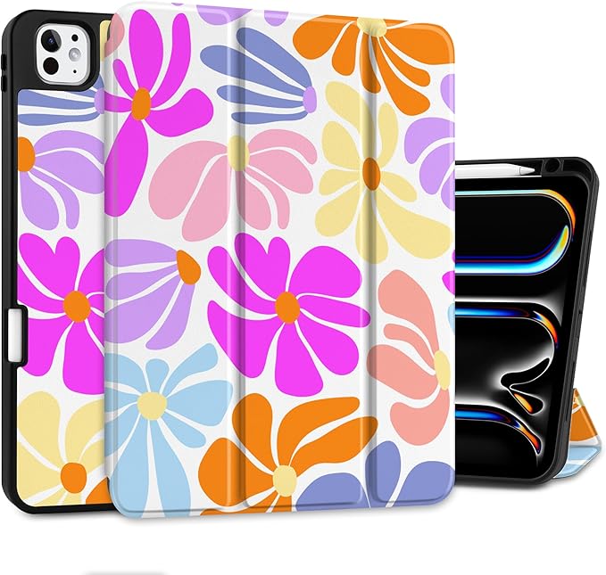 DONGKE Case for iPad Pro 13 inch (M5 2025 / M4 2024) – [Built-in Pencil Holder] Ultra Slim PU Leather Trifold Stand Cover with Soft TPU Back Auto Wake/Sleep - Retro Flowers