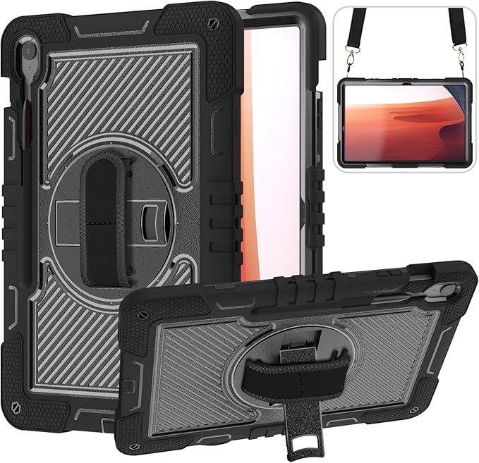 Tablet Case Compatible with Samsung Galaxy Tab S10 FE Plus 13.1 Inch 2025 Model (SM-X620/X626) CaseHeavy Duty Shockproof Rugged Protection Cover Stand &ampHand Strap+Shoulder Strap(Black)