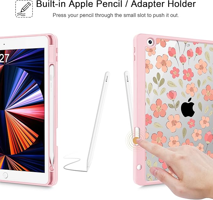 May Chen for iPad 9th Generation with Pencil Holder iPad 8th/7th Gen Case 10.2-inch [Penceil Holder] Trifold Stand Auto Wake/Sleep Clear TPU Protection Back Cover Pink Small Flowers
