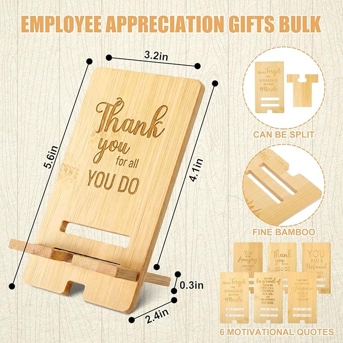Ripeng 12 Pcs Employee Appreciation Gifts Bulk Bamboo Phone Stand for Desk Office Worker Thank You Gift for Administrative Assistant Team Coworkers Staff Nurse Teacher Week (Assorted Inspirational)