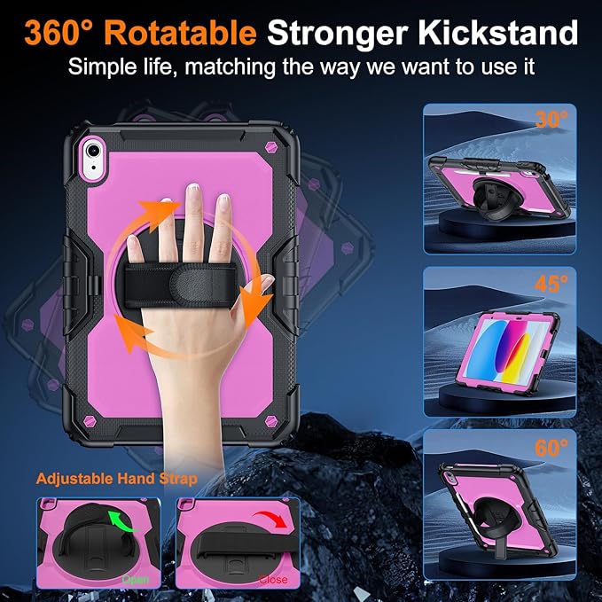Case for iPad (A16) 11th Generation 11 Inch (2025) Ubearkk for iPad 10th Generation 10.9 inch 2022 case with Screen Protector 360 Degree Rotating Stand/Adjustable Shoulder Strap/Pencil Holder Pink