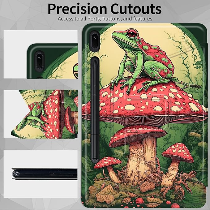 Case for Samsung Galaxy Tab S8 Plus 2022/S7 FE 2021/S7 Plus 2020 12.4 Inch Frog On Mushroom Theme 360 Degree Rotating Stand Smart Protective Cover for Samsung S7 FE Tablet