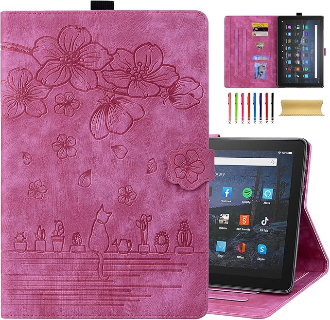 Dteck Case for All-New Amazon Kindle Fire HD 10 &amp 10 Plus Tablet (13th/11th Generation 2023/2021 Release) 10.1 Premium PU Leather Embossed Flower Folio Stand Case Cover with Pencil HolderRose