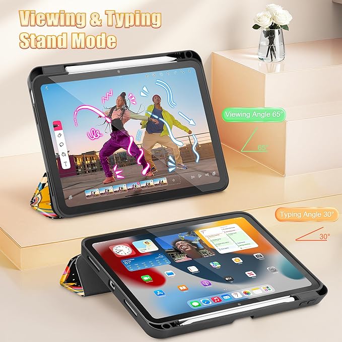 Tuiklol Case for iPad 10.2 Inch 2021 2020 2018 Release 9th / 8th / 7th Generation Built-in Pencil Holder TPU Protective Stand Back Cover Trifold Stand-Auto Wake/Sleep Flowers &amp Eyes