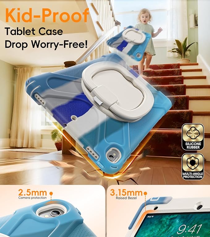 BATYUE 10.5 inch Case for ipad Air 3rd Generation 2019 / ipad pro 10.5 2017 Rugged Heavy Duty Protective Cover with Pencil Holder 360° Swivel Stand Shoulder Strap for Kids (Colourful Blue)