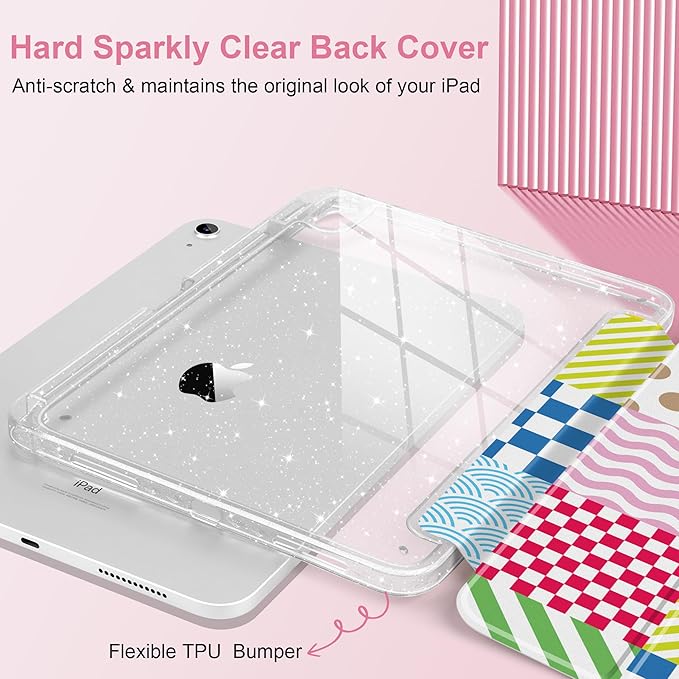 MEEgoodo Case for iPad A16 11th Generation 2025/10th Generation 2022 Glitter Tablet Cases with Transparent Acrylic Back+Trifold Stand +Pencil Holder+Auto Wake/SleepChecked &amp Striped &amp Wave