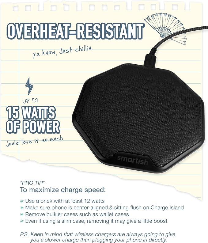 Smartish Fast Wireless Charger - Charge Island - Qi-Certified 15W Universal Charging Pad [Textured &amp Non-Slip] for iPhone Samsung Galaxy AirPods Pro Qi-Enabled Devices - Black Tie Affair