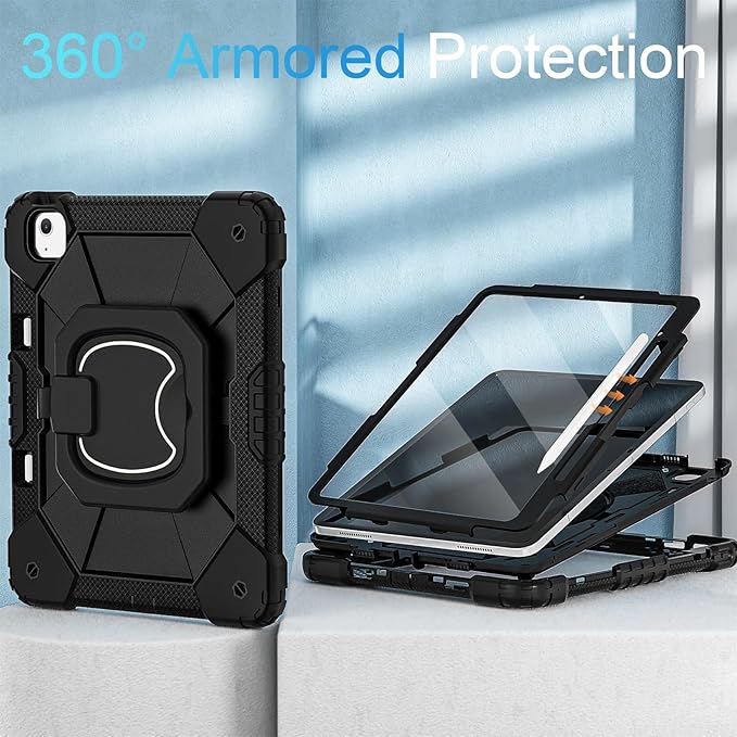WESOROL for iPad Air 13 Inch Case (M3/M2) 2025/2024 with Pencil Holder/Screen Protector/360° Rotating StandMilitary Grade Shockproof Cover for iPad Air Case 13 Inch M2 Cases Black