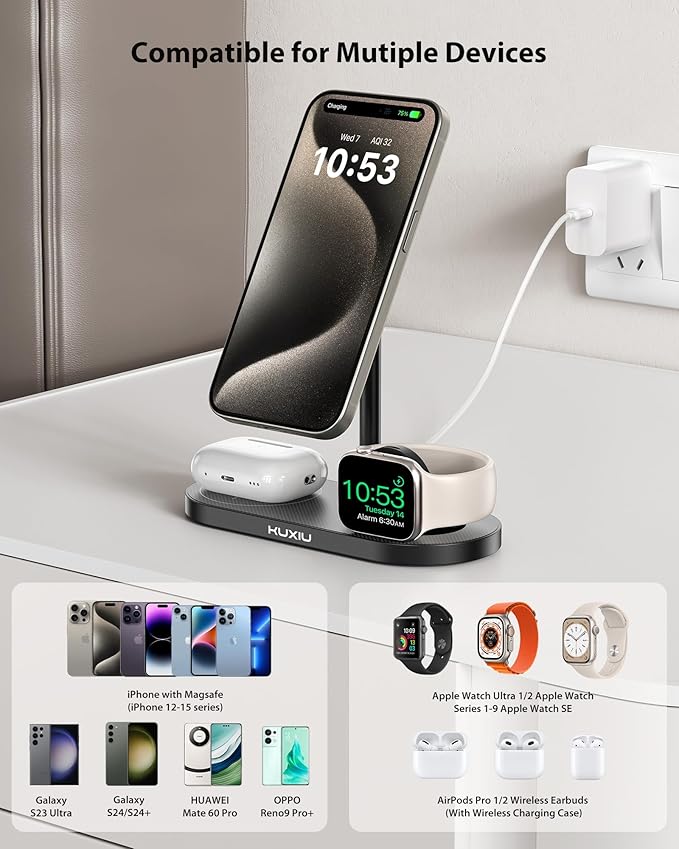KU XIU Aluminum Alloy 3 in 1 Charging Station for Apple Magnetic Wireless Charger Stand for iPhone 16/15/14/13/12 Series 5W Fast Wireless Travel Charger for Apple Watch 9/8/7/SE Series Airpods