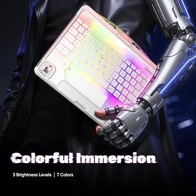KITONE Transparent Case with Wireless Keyboard only for 2024 iPad Pro 11-in.(M4) 7 Colors Backlight Trackpad 360°Rotating Stand for iPad Pro 11(5th Gen) Tech Style