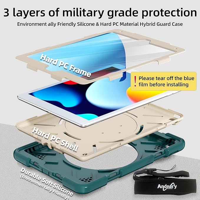 Case for iPad 9th/8th/7th Generation 10.2 inch Shockproof Cover with Screen Protector/360° Rotate Stand/Pencil Holder/Shoulder Strap Kids Case for iPad 2021/2020/2019 (Dark Green+White)