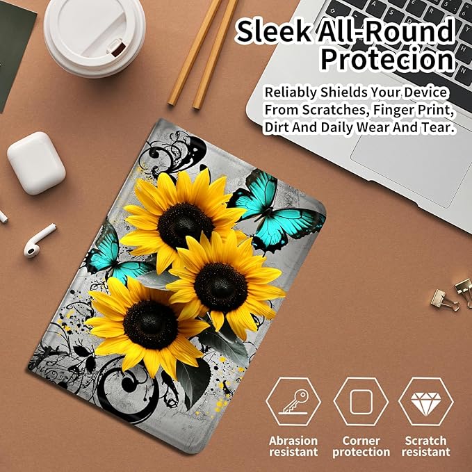 Case for iPad (A16) 11th Generation 11 Inch 2025/10th Generation 10.9 Inch 2022 PU Leather Smart Protective Cover with Auto Sleep/Wake for iPad 11/10 GenSunflowers Blue Butterflies